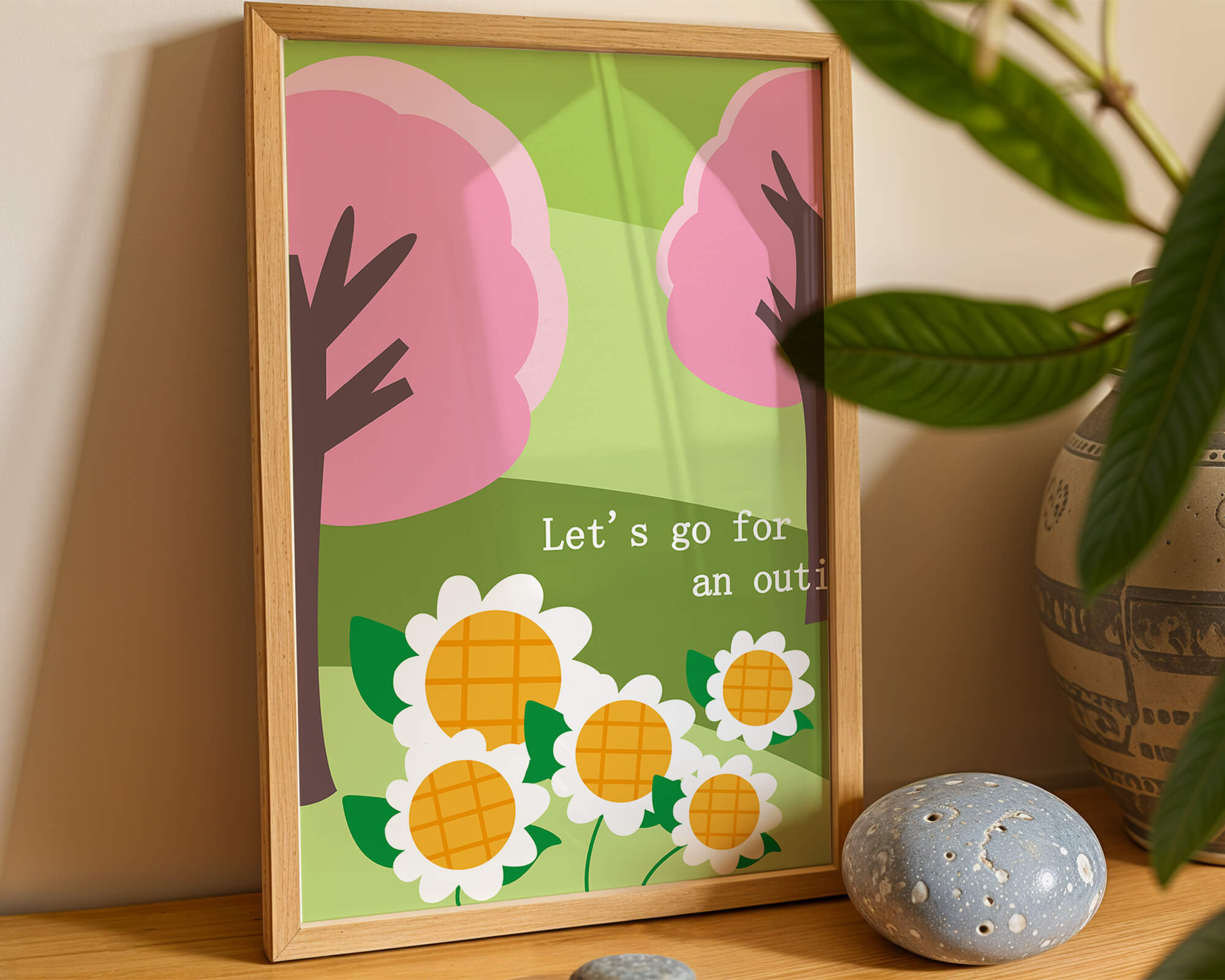 Charming spring landscape with pink trees and daisies