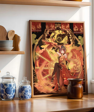 Art fantastique d'une fille avec un phénix majestueux aux couleurs flamboyantes