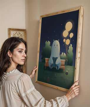Ilustración nocturna acogedora con una criatura leyendo bajo un cielo estrellado