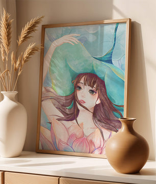 Serene water-inspired portrait of a woman with flowers