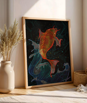 Koi Fish with Abstract Waves in Vibrant Colors