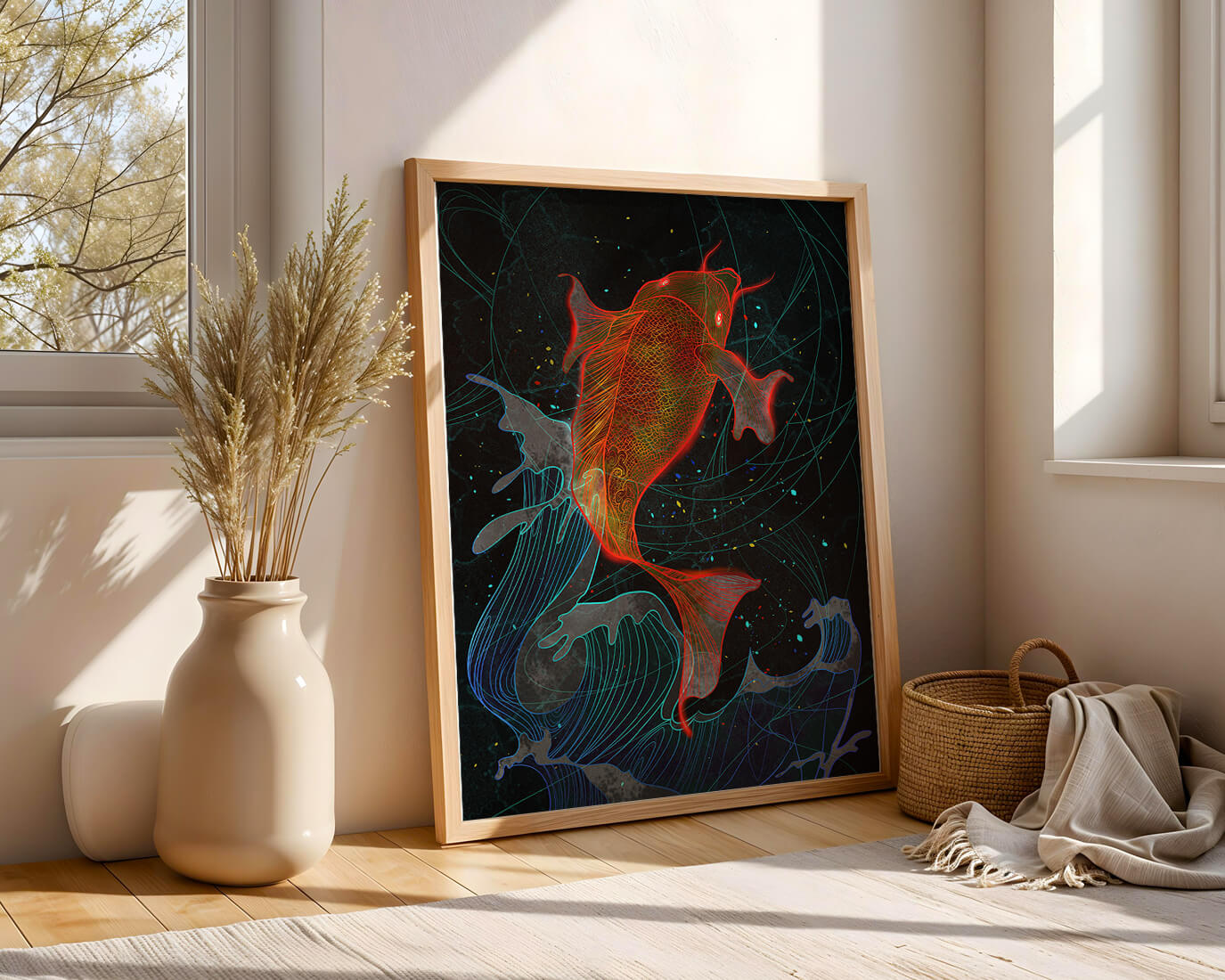 Koi Fish with Abstract Waves in Vibrant Colors