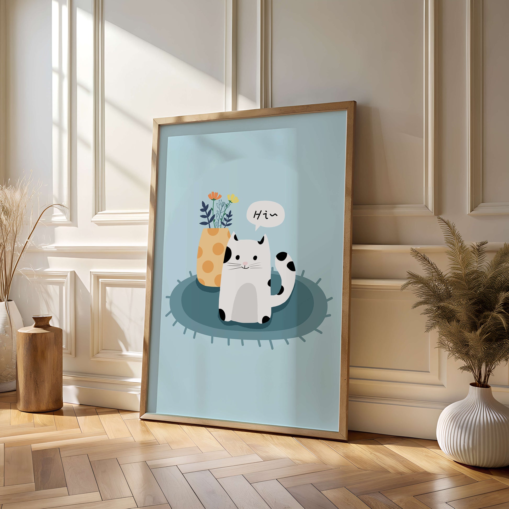 Cute illustration of a cat and flowers on a rug with a speech bubble