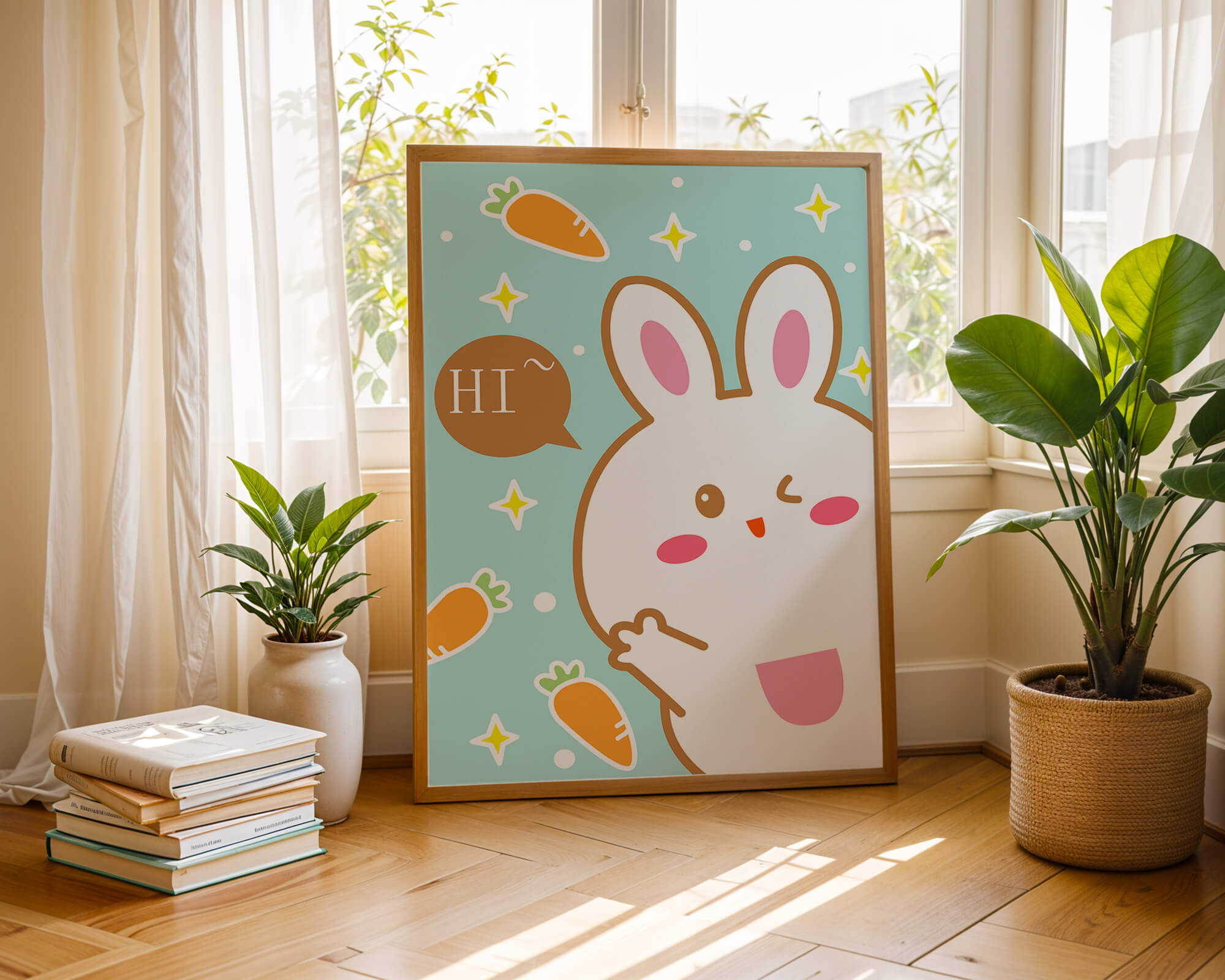 Playful cartoon bunny with carrots and stars on teal background