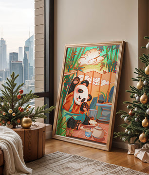 Cheerful Panda Having Tea in a Bamboo Garden - Mi tienda