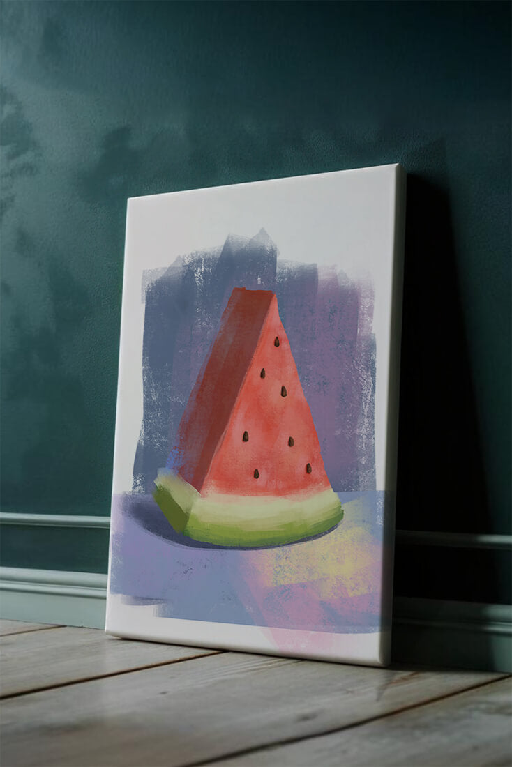 Watercolor illustration of a watermelon slice with abstract background