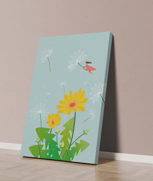 Whimsical illustration of a girl flying with dandelions in a colorful floral scene