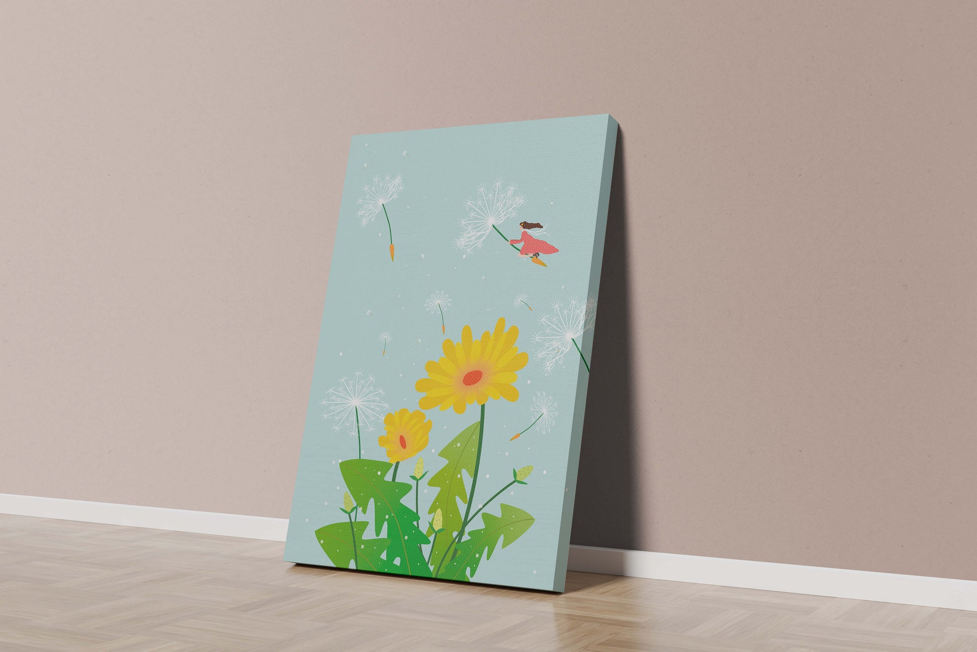 Whimsical illustration of a girl flying with dandelions in a colorful floral scene