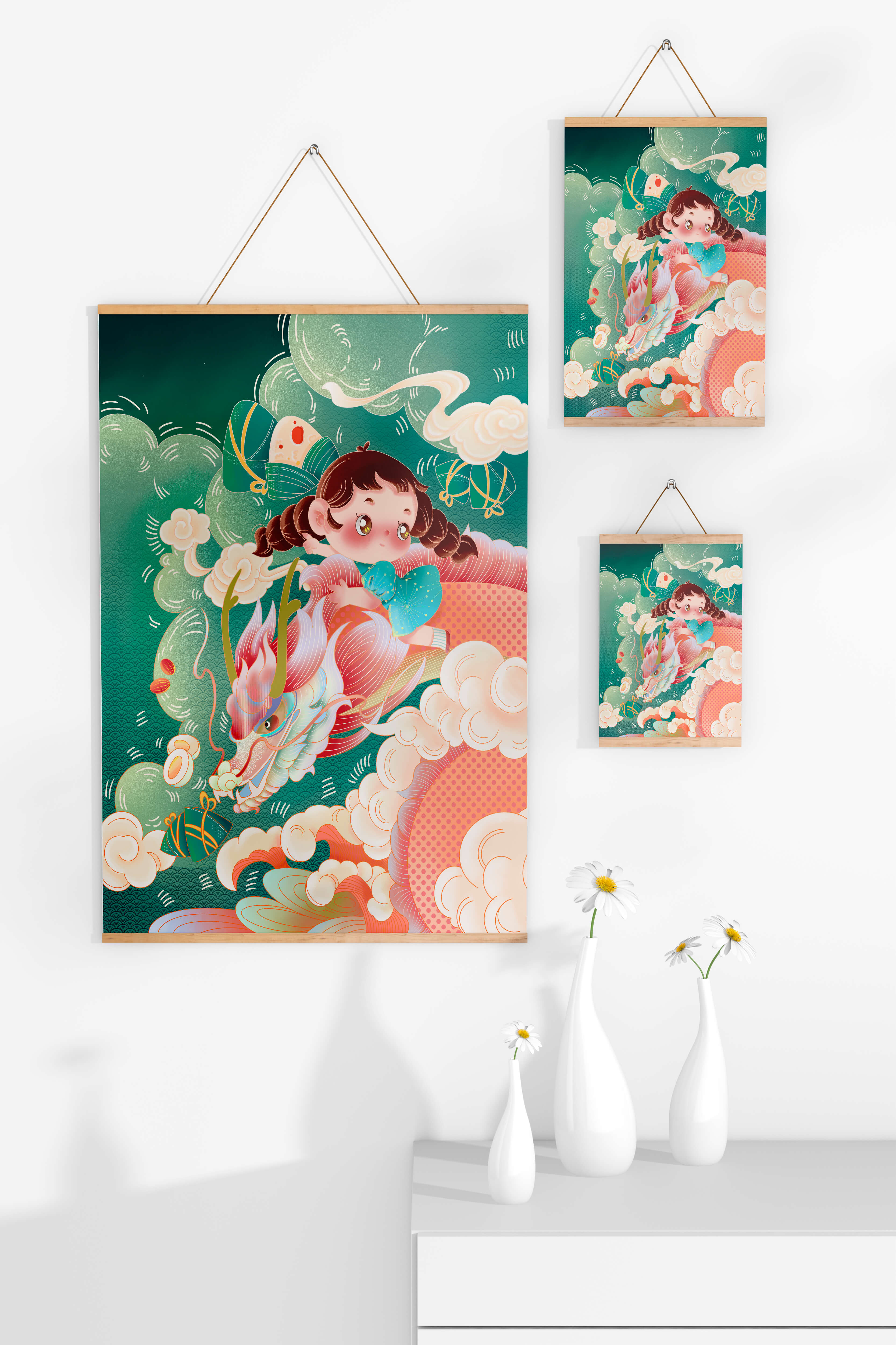Whimsical scene of a girl riding a dragon through clouds