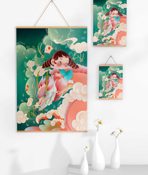Whimsical scene of a girl riding a dragon through clouds