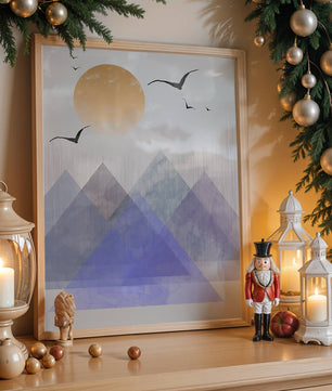 Abstract Mountain Landscape with Geometric Elements and Soaring Birds