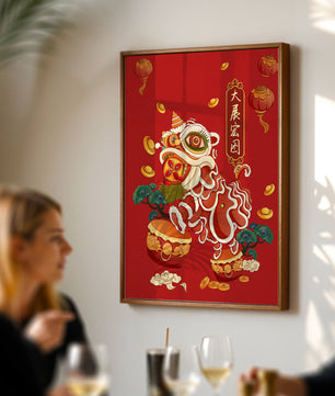 Ilustración de la danza del león china tradicional con elementos festivos