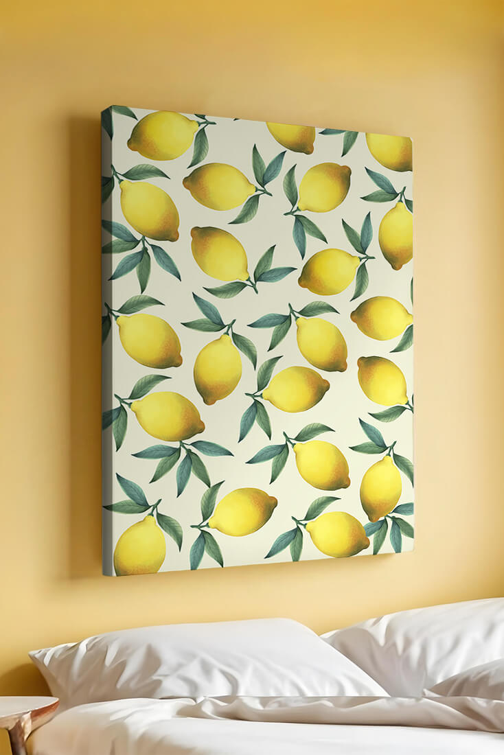 Vibrant lemon pattern with green leaves on a light background