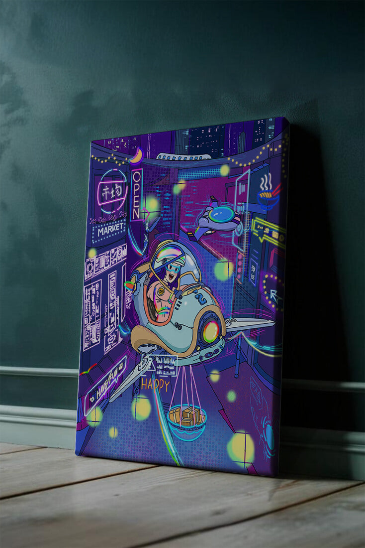 Futuristic cityscape with a flying delivery vehicle and neon signs