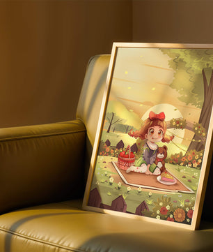 Whimsical picnic scene with a young girl and teddy bear under sunset in vibrant meadow