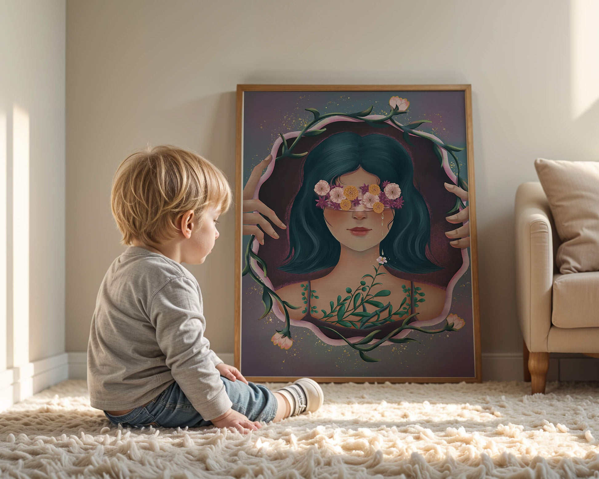 Retrato encantador de una mujer con ojos florales y cabello oscuro