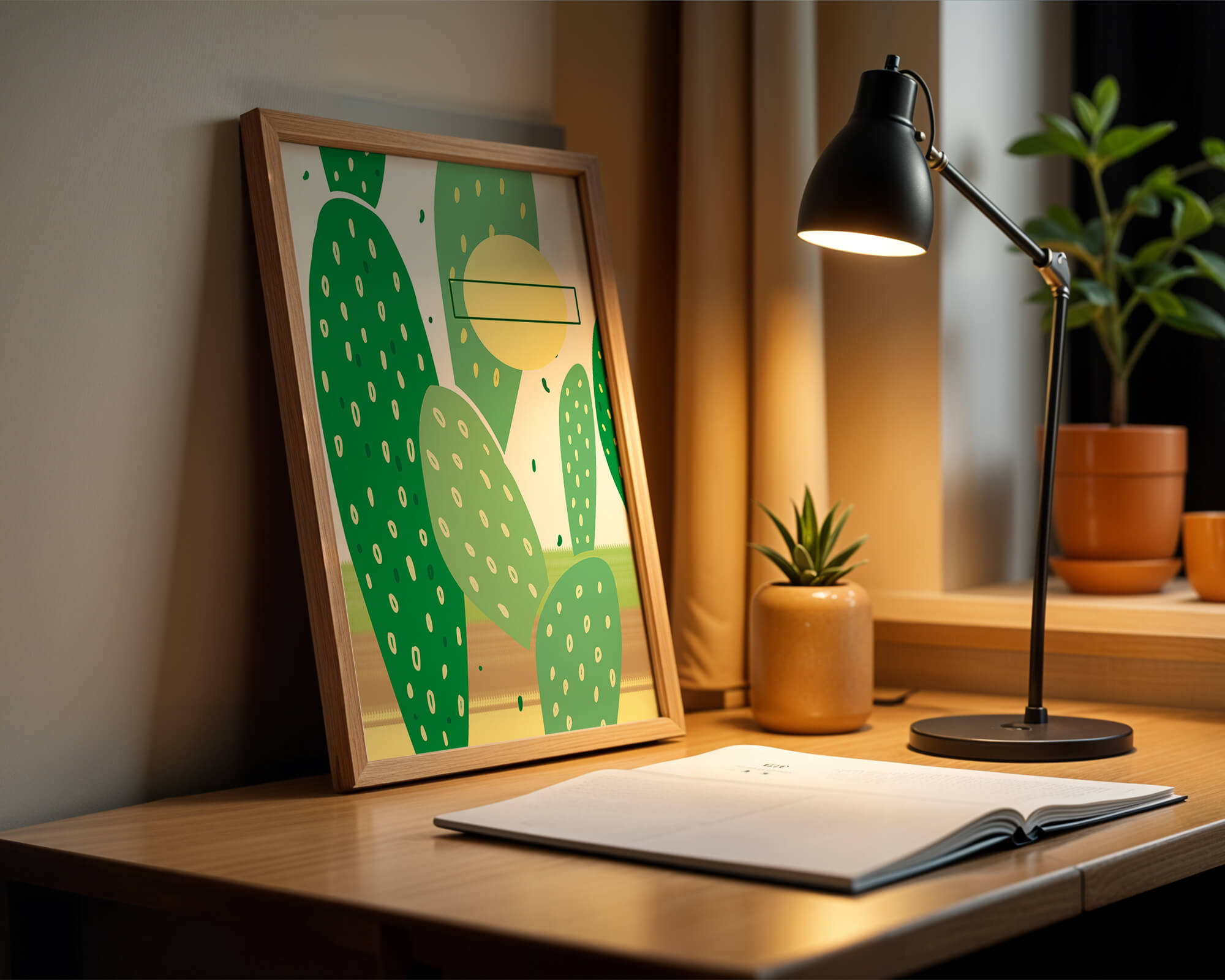 Abstract cactus art with green and yellow elements