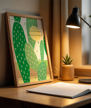 Art abstrait de cactus avec des éléments verts et jaunes