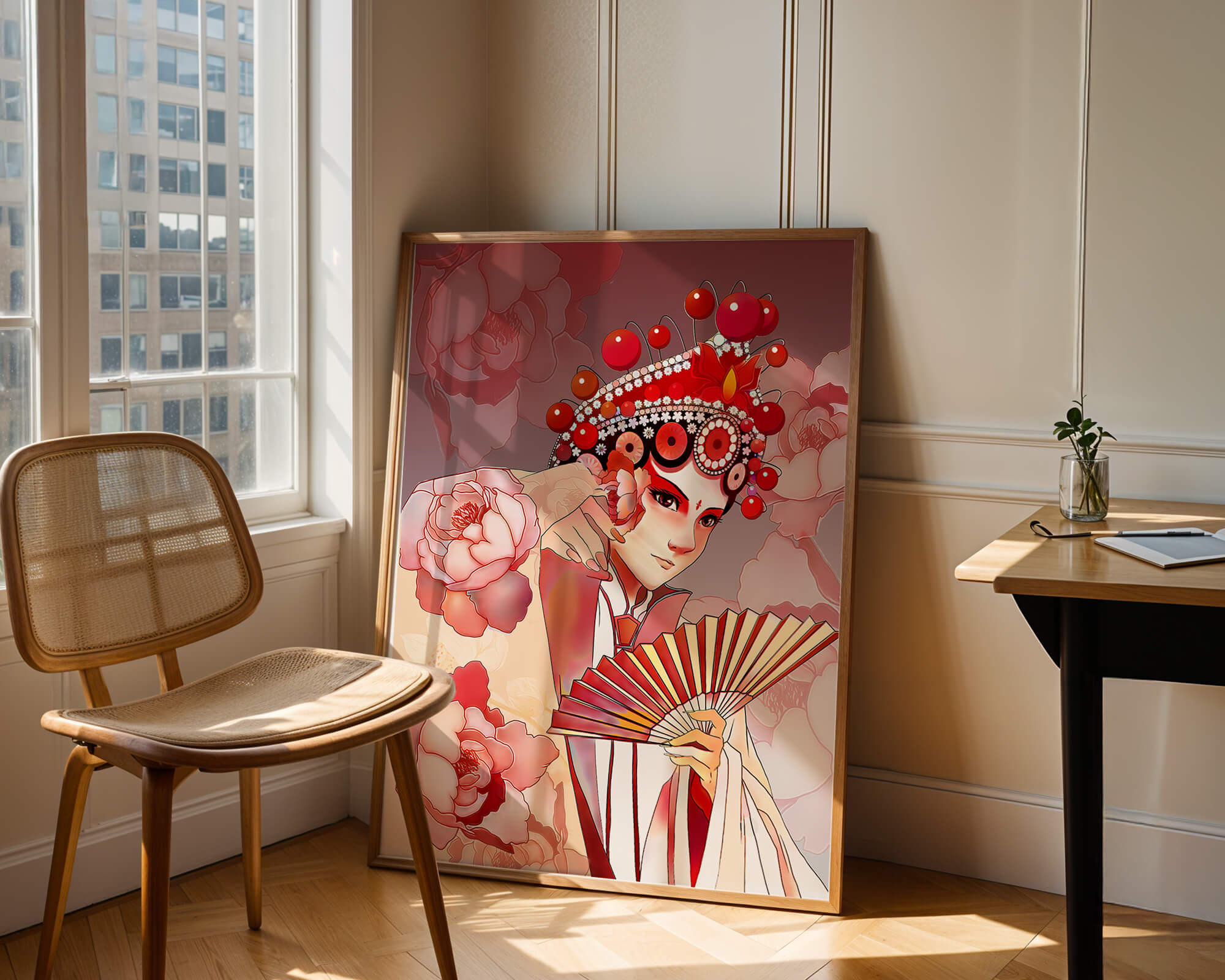 Traditional Asian artwork with floral motifs and ornate headpiece