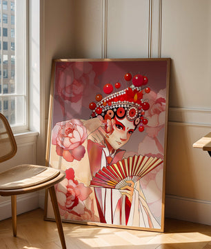 Traditional Asian artwork with floral motifs and ornate headpiece