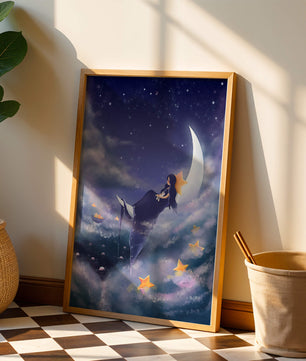 Cielo nocturno soñador con una niña sentada en una luna creciente rodeada de estrellas