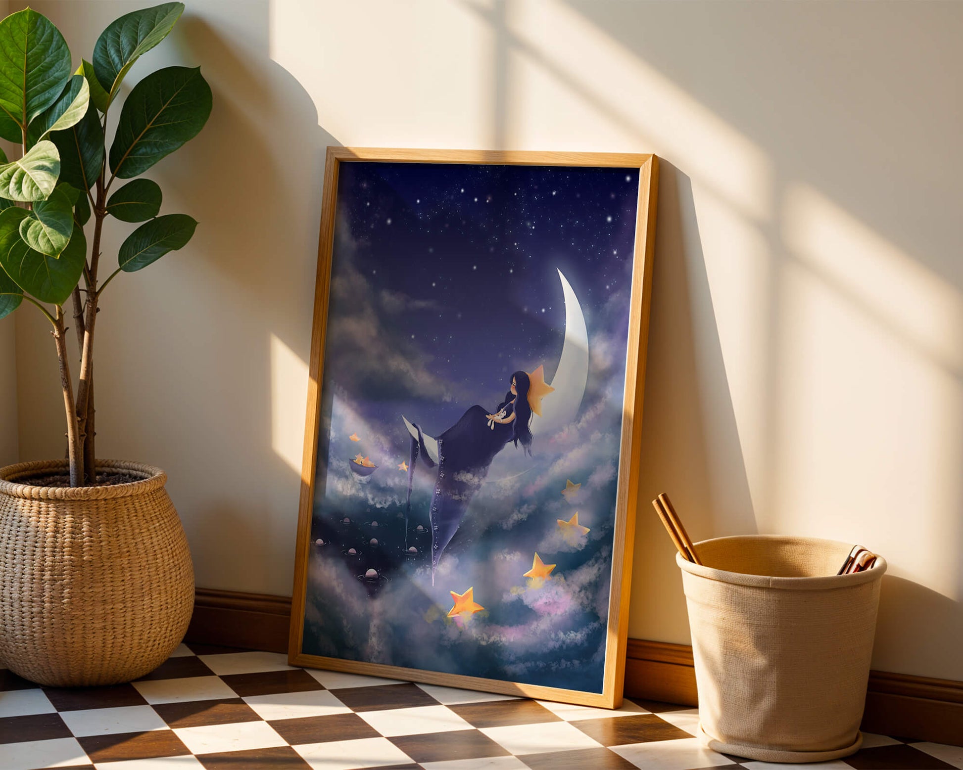 Dreamy night sky with girl sitting on crescent moon surrounded by stars