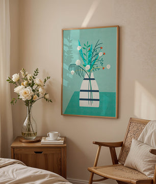 Floral Arrangement In Minimalist Vase On Teal Background - Mi tienda
