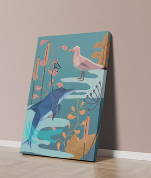 Geometric Dolphin and Seagull with Floral Elements in Abstract Nature
