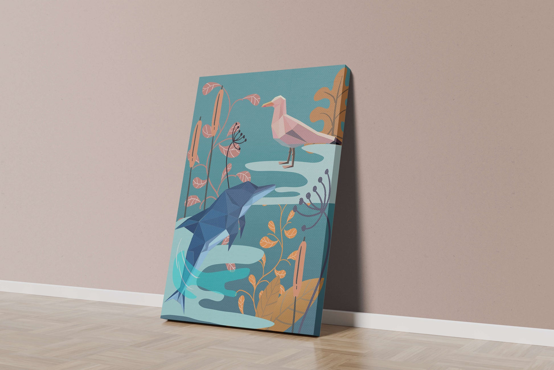Geometric Dolphin and Seagull with Floral Elements in Abstract Nature