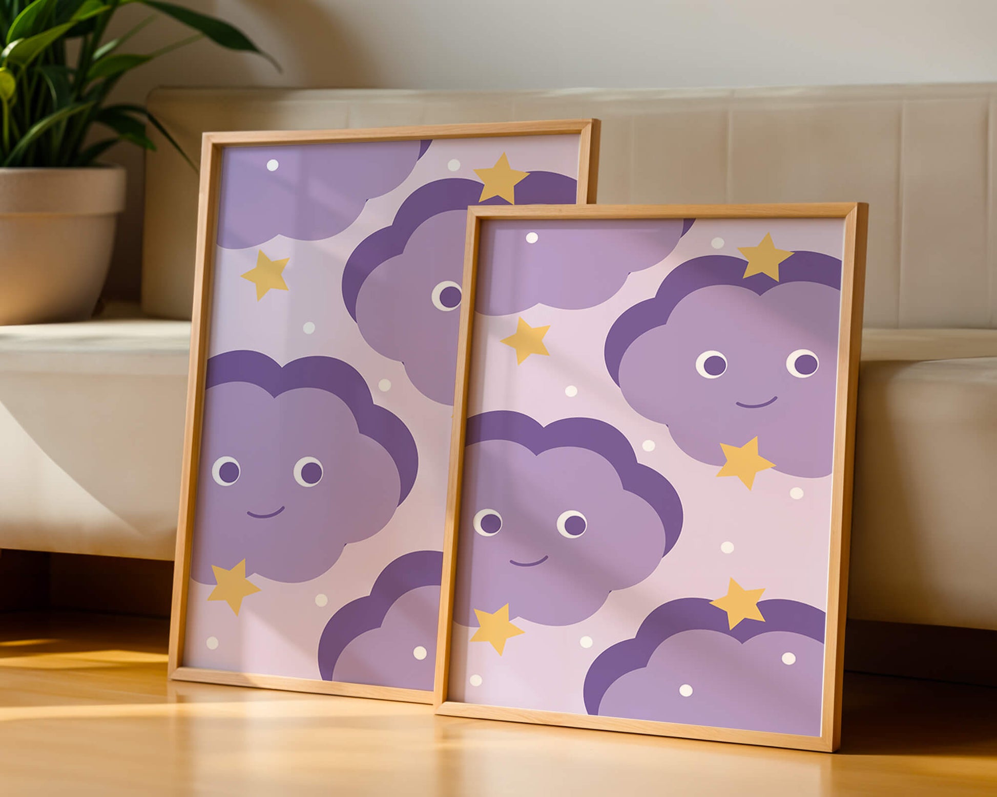 Whimsical purple cloud and star pattern for children's room decor