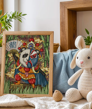 Colorful panda dressed in traditional Chinese opera costume surrounded by bamboo