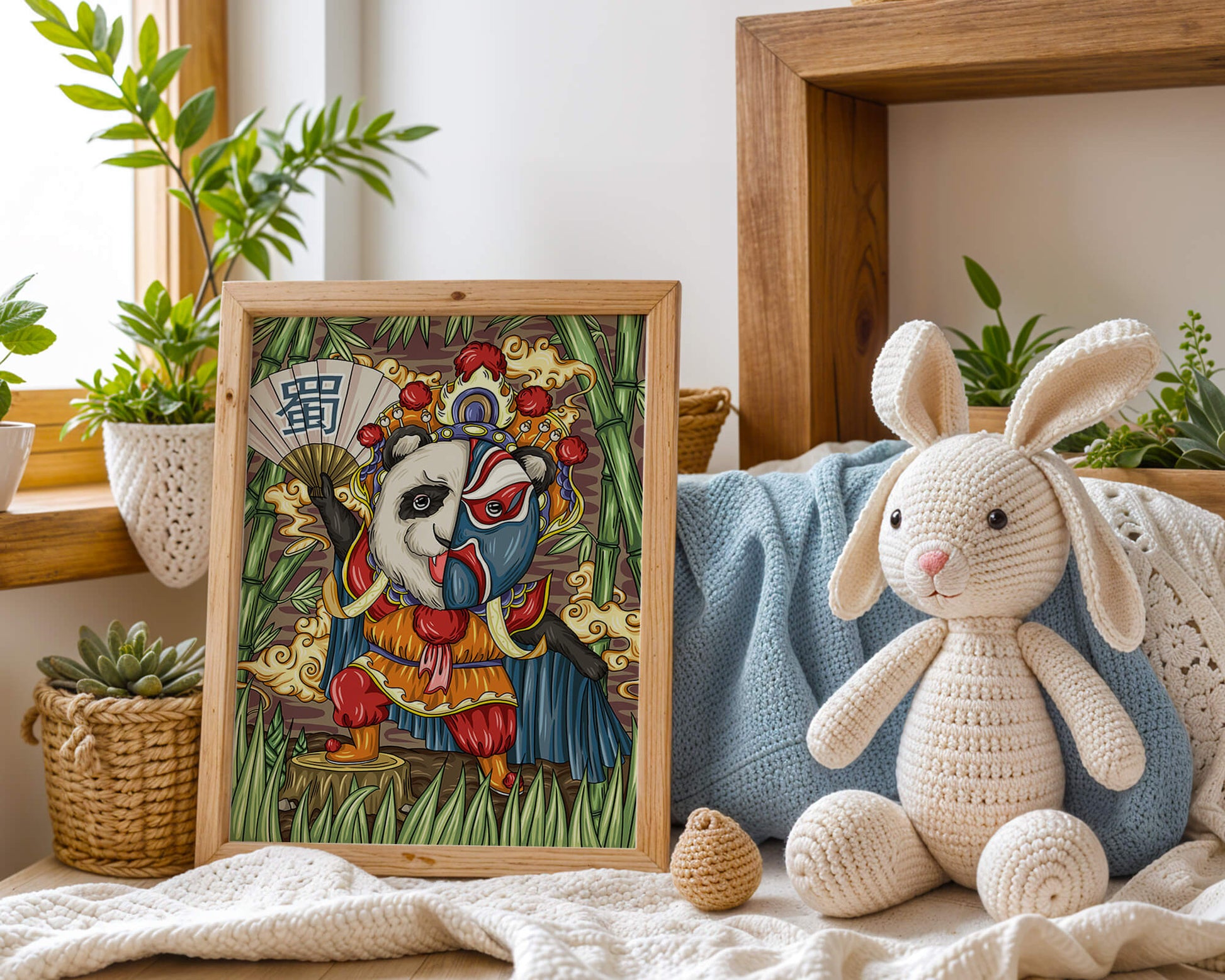 Colorful panda dressed in traditional Chinese opera costume surrounded by bamboo