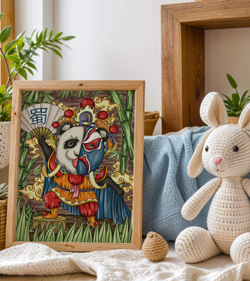 Colorful panda dressed in traditional Chinese opera costume surrounded by bamboo