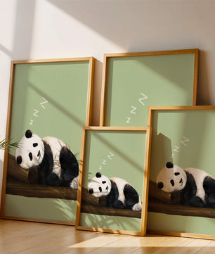 Peaceful panda resting on a log in a serene setting