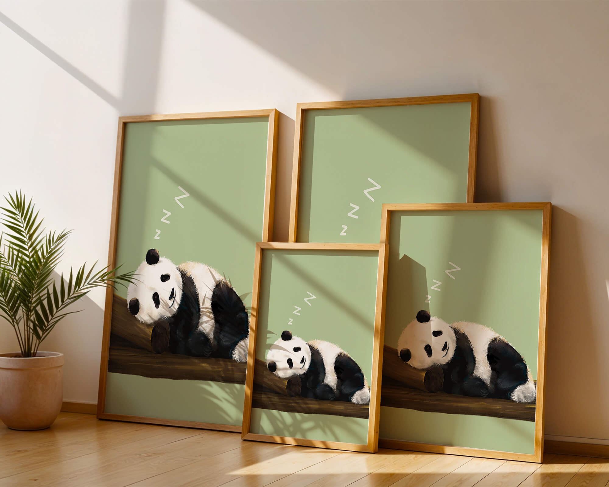 Peaceful panda resting on a log in a serene setting