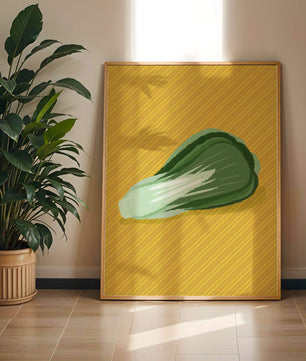 Illustrated bok choy on vibrant yellow background with stripes