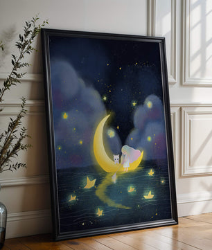 Whimsical night scene with child and cat on crescent moon