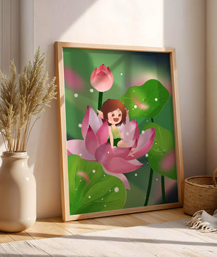 Charming fairy sitting on a blooming pink lotus in a magical garden