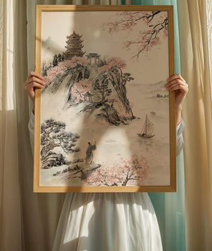Tranquil Landscape with Cherry Blossoms and Traditional Pagoda