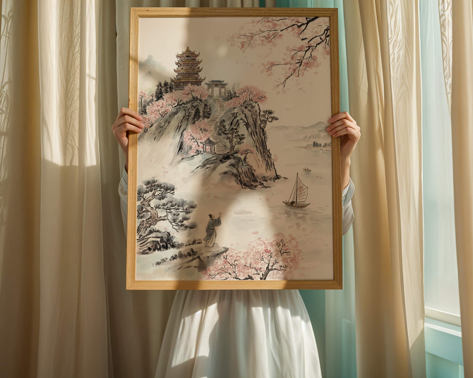 Tranquil Landscape with Cherry Blossoms and Traditional Pagoda