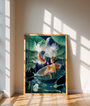 Illustration imaginative d'une fille avec un poisson et un lapin sous des nénuphars illuminés par la lune