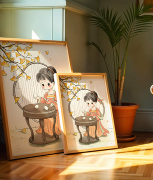 Charmante illustration d'une fille en tenue traditionnelle avec des feuilles de ginkgo