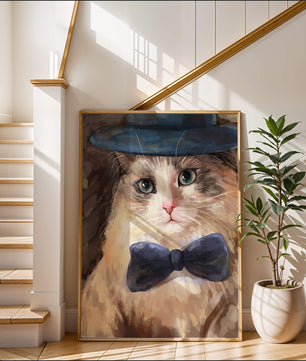Gato encantador con traje formal, sombrero y corbata de moño
