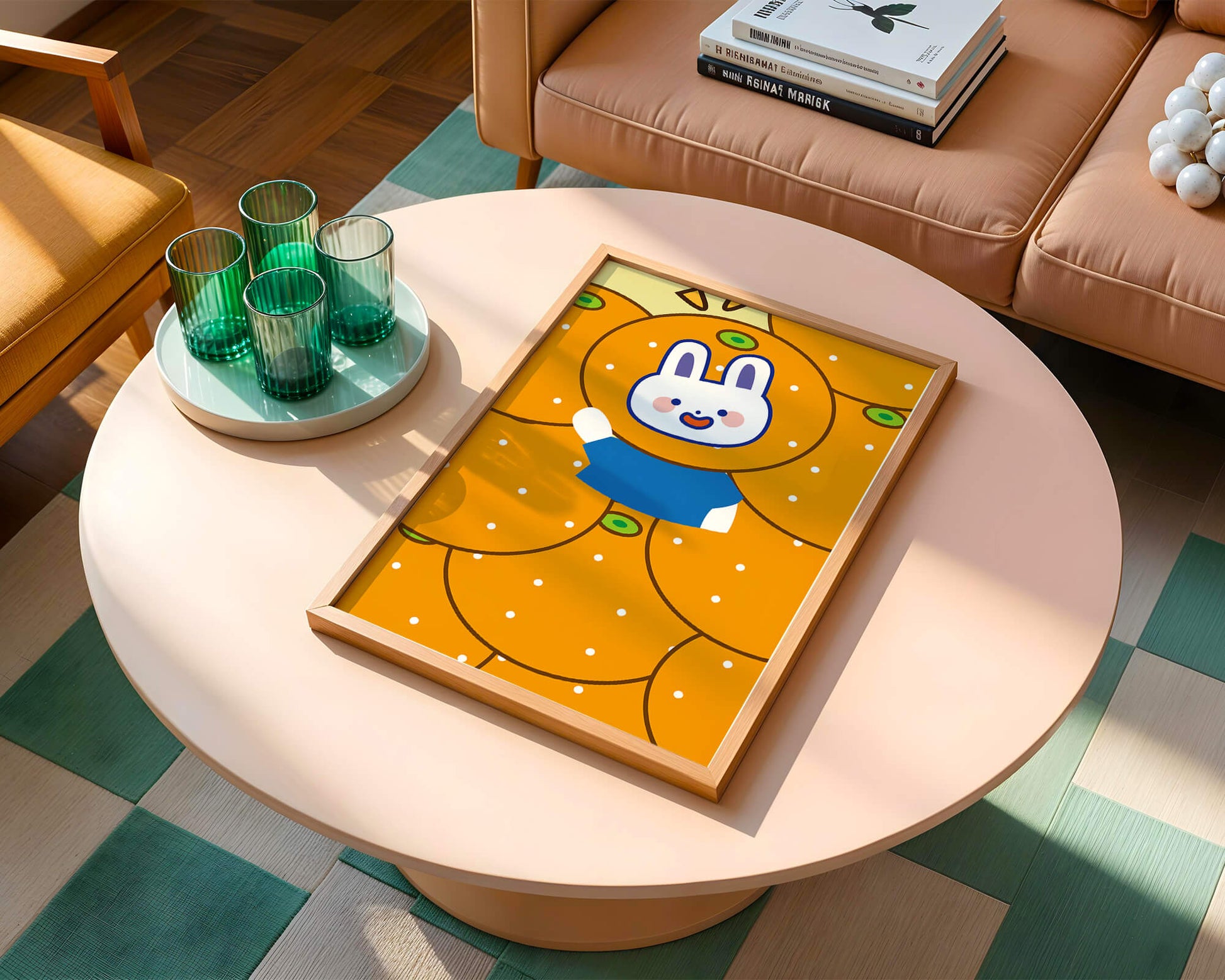 Whimsical illustration of a bunny surrounded by oranges