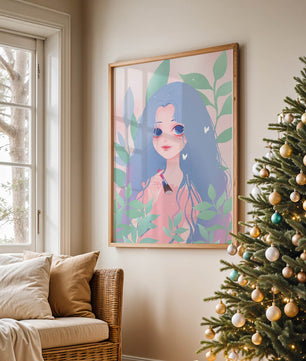 Illustration of a blue-haired girl surrounded by greenery
