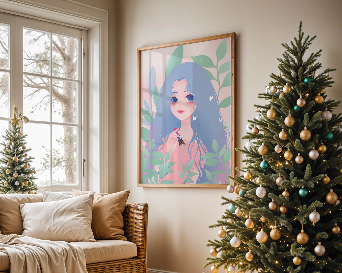 Illustration of a blue-haired girl surrounded by greenery