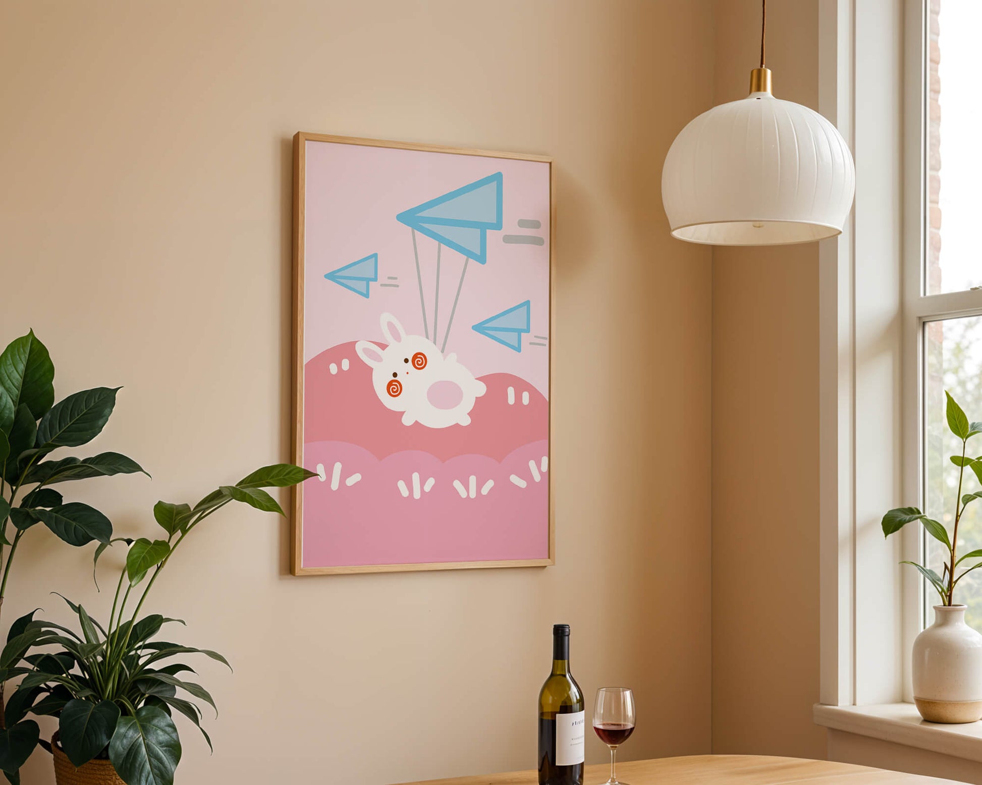 Adorable cartoon bunny flying with paper planes on a pink background