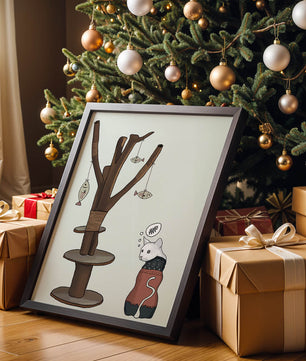 Illustration of a cat tree with a thoughtful cat in a sweater