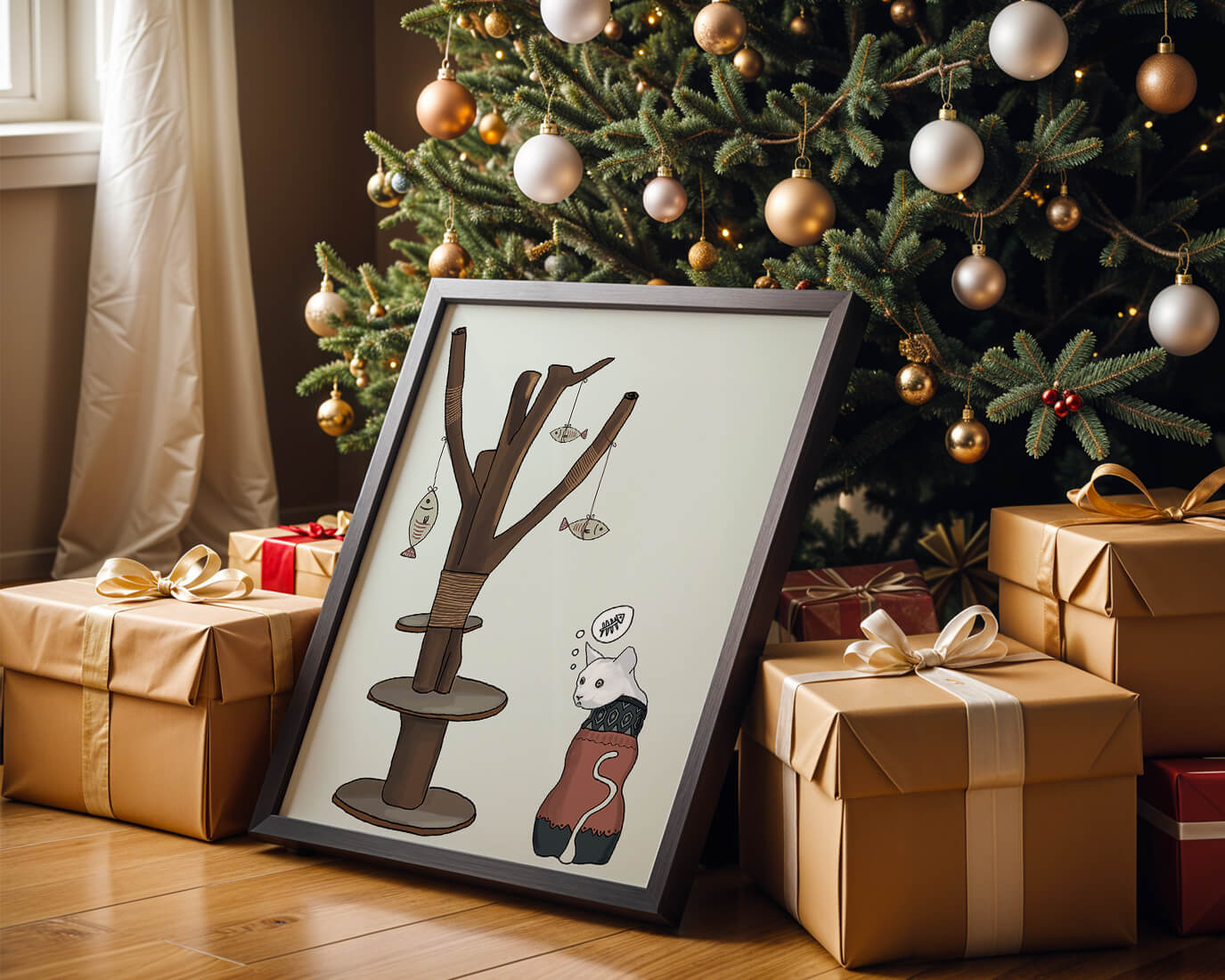 Illustration of a cat tree with a thoughtful cat in a sweater