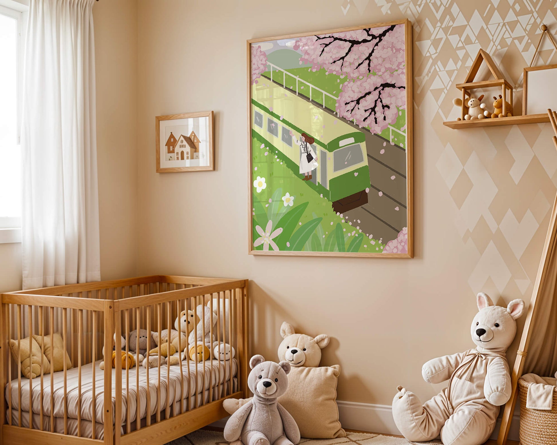 Cherry Blossoms and Train Scene in Spring Landscape